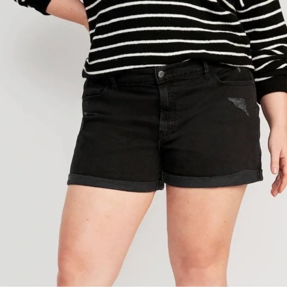 Old Navy Womens Plus Size 18 Mid Rise Boyfriend Cuffed Denim Shorts‎ Black Jack